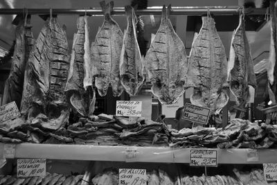 Low angle view of meats for sale at butcher shop