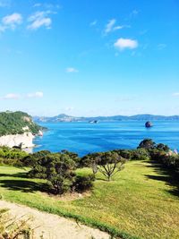 Scenic view of sea against blue sky