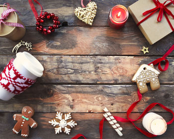 High angle view of christmas decorations on table