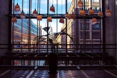 Street lights hanging on glass window of building