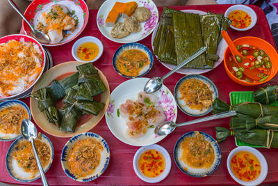 High angle view of meal served on table