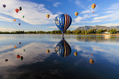 High angle view of hot air balloons against sky