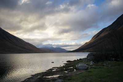Scenic view of lake and mountains against sky