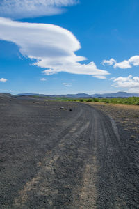 Dirt road along landscape against blue sky