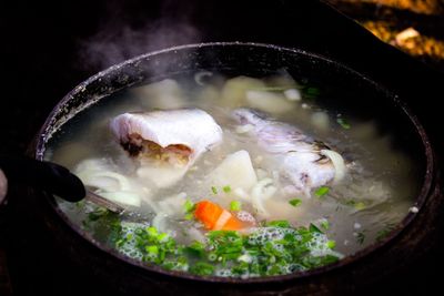 High angle view of fish in cooking pan