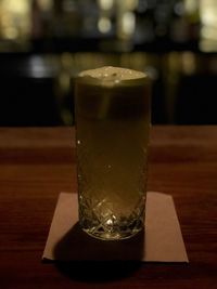 Close-up of beer in glass on table