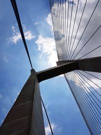 Low angle view of suspension bridge against sky