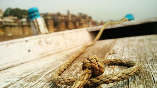 Close-up of rope in wooden boat