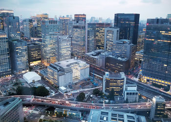 High angle view of buildings against sky in city