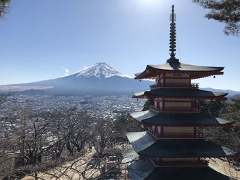 Temple against snowcapped mountain sky