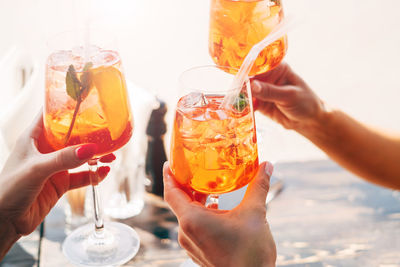 Cropped hands of women holding alcoholic drinks