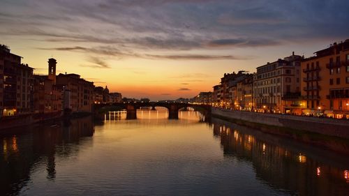 View of illuminated city at sunset