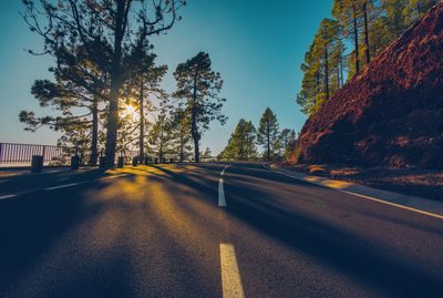 Road amidst trees against sky during sunset