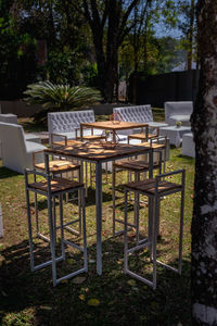 Empty chairs and table in lawn