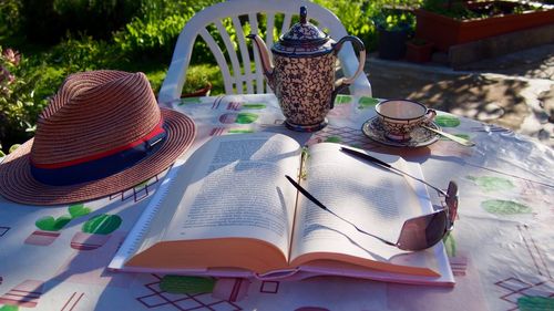 High angle view of open book on table
