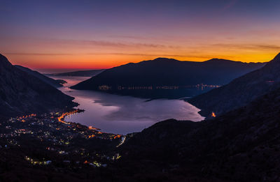 Amazing sunset in risan, boka bay, montenegro