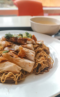 High angle view of food in plate on table