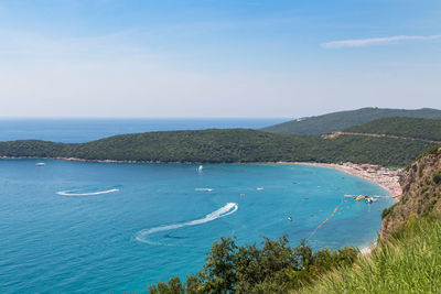 High angle view of bay against sky