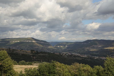 Scenic view of mountains against cloudy sky