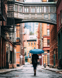 Rear view of woman carrying umbrella while walking on street