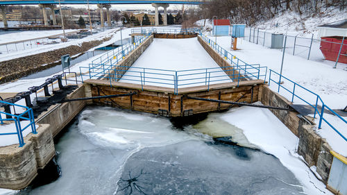 Old canal doors closed during the season with ice and snow forming around it