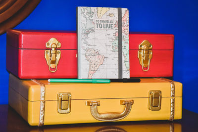 Close-up of information sign on table