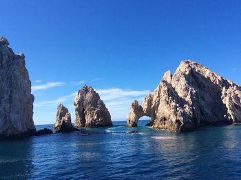 Panoramic view of sea and rocks against blue sky