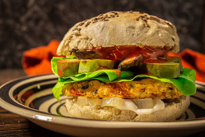 Close-up of burger in plate