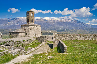 Photo take from the inside of the castle of gjirokastra with view on the snowy mountain range