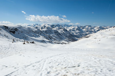 Scenic view of snow mountains against sky