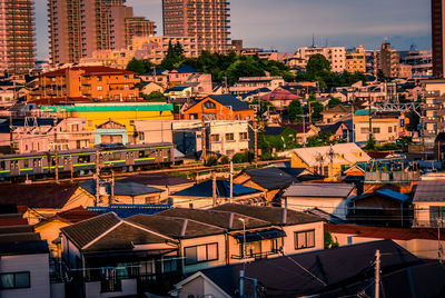 High angle view of buildings in city