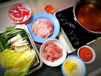 High angle view of breakfast on table