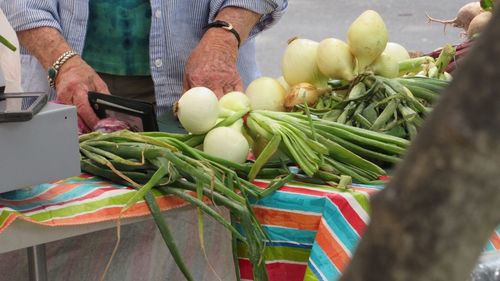 Midsection of man with scallion on table