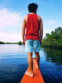 Rear view of man of wooden plank over lake against sky