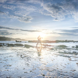 Man swimming in sea at sunset