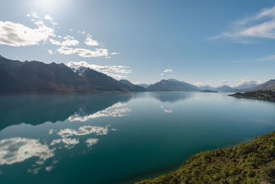 Scenic view of lake and mountains against sky