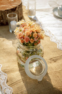 High angle view of flower vase on table