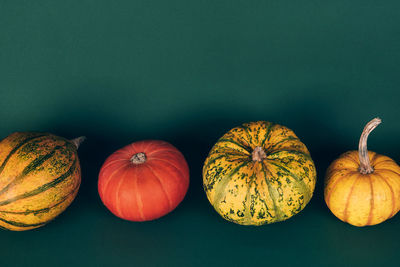 High angle view of pumpkins on table against black background