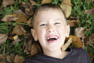 Portrait of smiling boy lying down on leaves