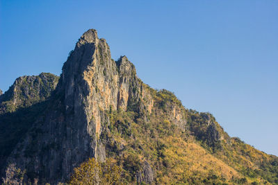 Low angle view of rock formation against clear blue sky