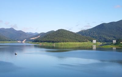 Scenic view of lake and mountains against sky