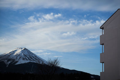 Low angle view of snowcapped mountains against sky