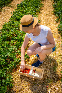 Rear view of woman sitting on hay