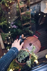 Cropped hand of woman reaching friend at restaurant