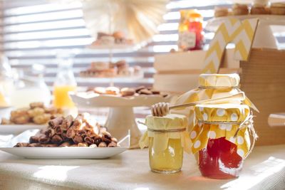 Food and jars on table