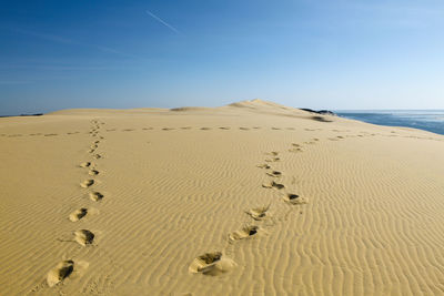 Footprints on sand at beach against sky