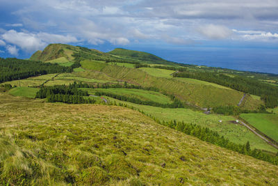 Scenic view of green landscape against sky