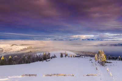 Scenic view of snow covered landscape against sky