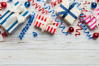 High angle view of christmas decorations on table