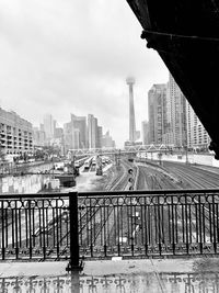 Bridge over buildings in city